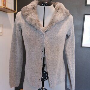 Real rabbit fur trim grey cardigan sweater with crystal buttons